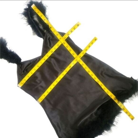 DOLLS KILL🔖NWT! TRICKZ N' TREATZ Black Satin Marabou Trimmed Slip Dress - Picture 9 of 11